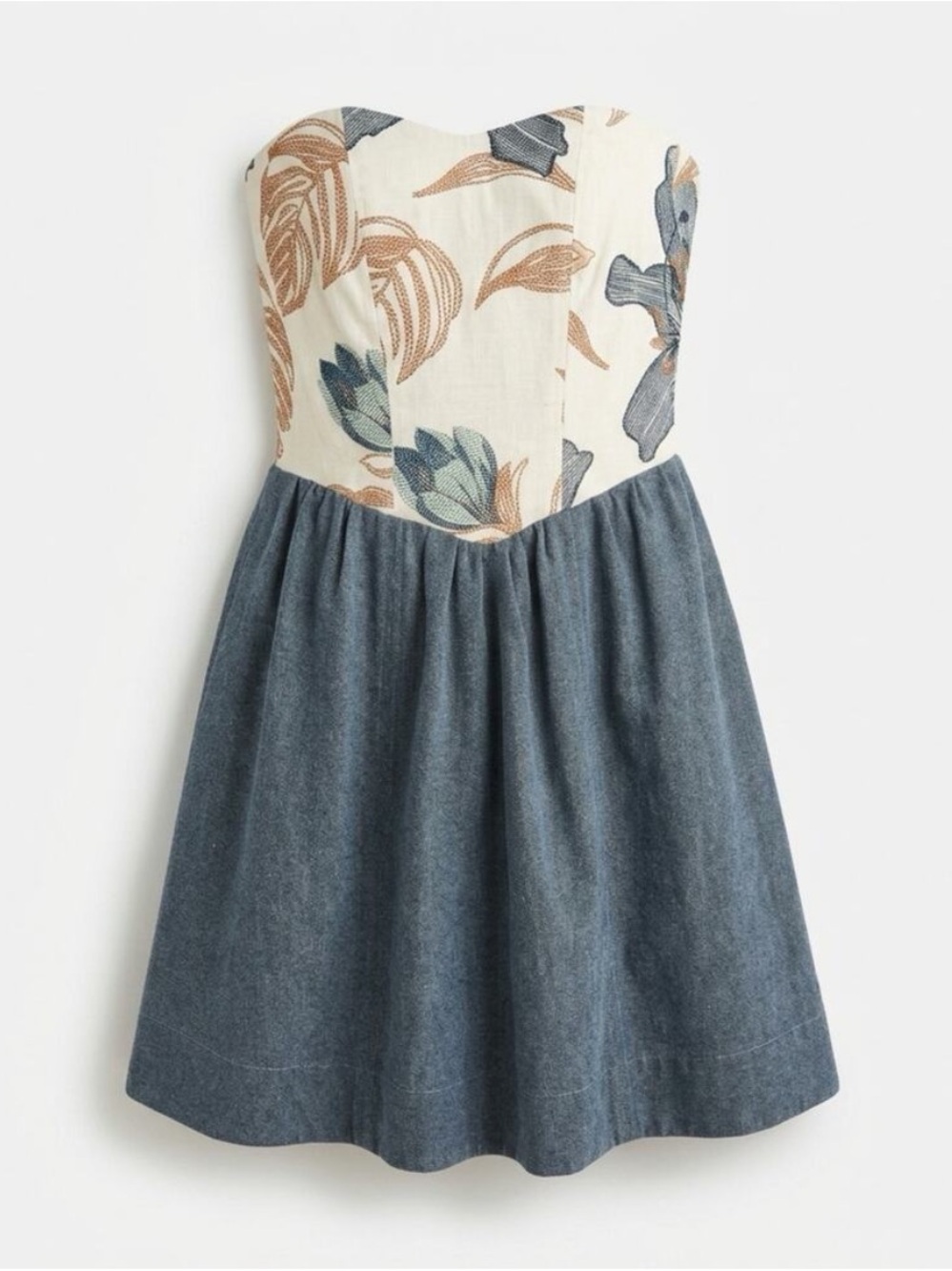 Aylaya Strapless Floral Bodice Denim-Look Dress in Cream and Navy NWOTS